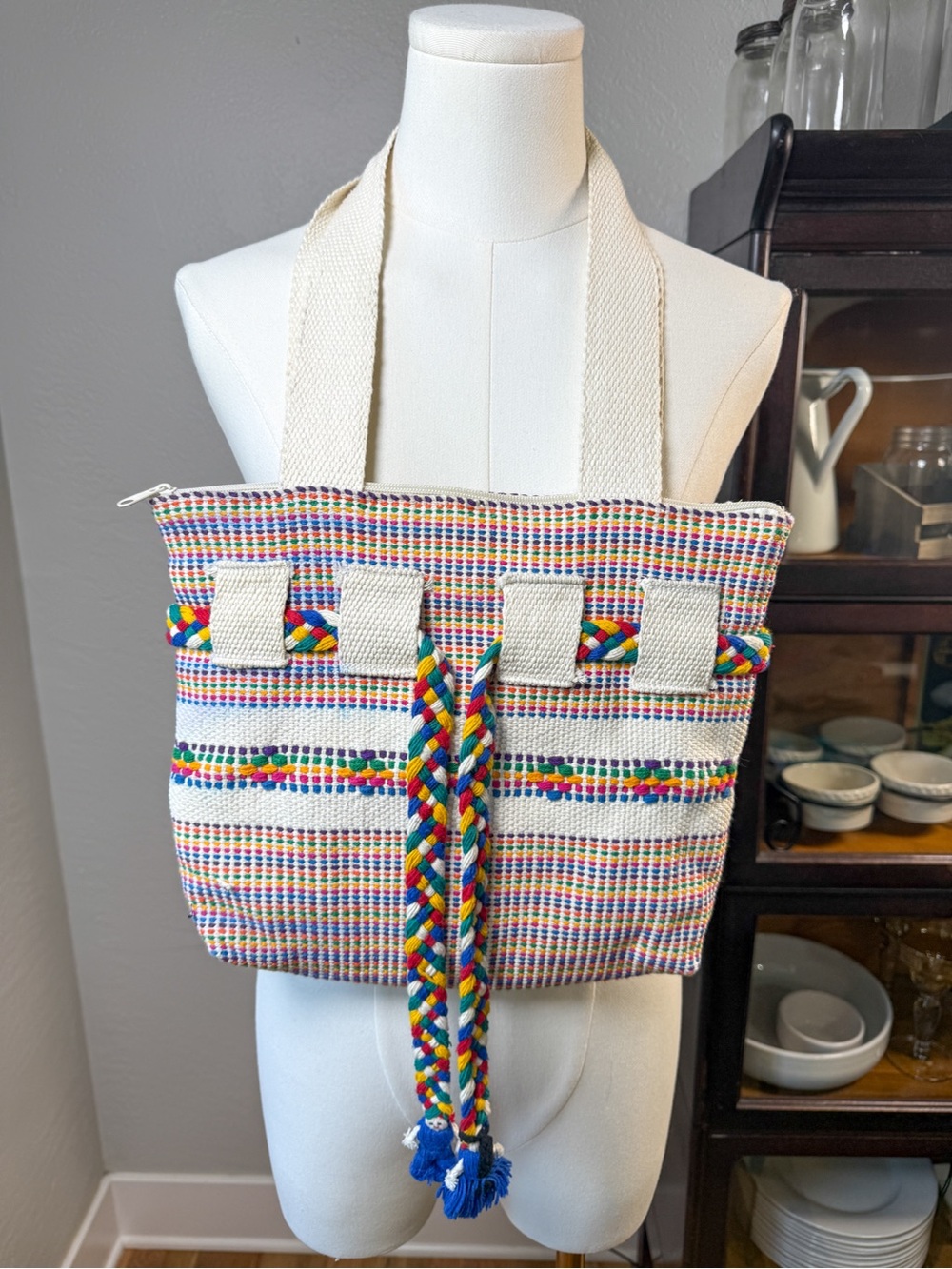 Handmade Rainbow Woven Cotton Tote Boho Artisan Shoulder Bag Zip Top